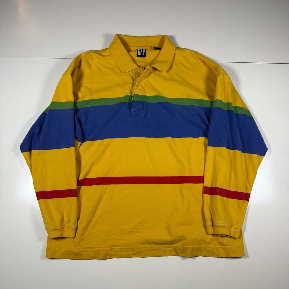 Vintage GAP Long Sleeve Multicolor Striped Rugby Polo Shirt Yellow Size Medium